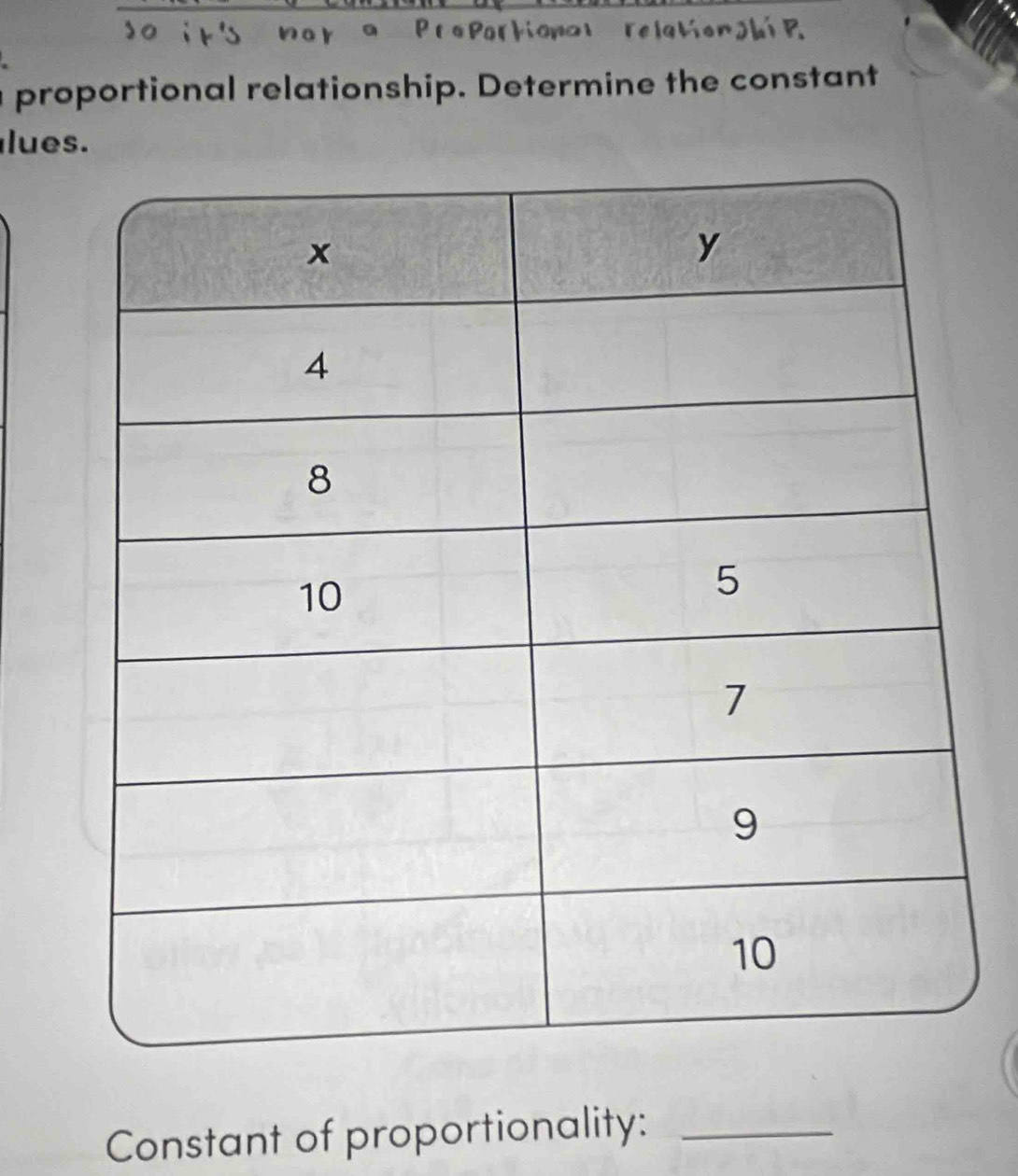 PreParhiona) 
proportional relationship. Determine the constant 
lues. 
Constant of proportionality:_