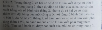 Trong tháng 2, cả hai cơ sở A và B sản xuất được 40 000 ô 
bánh mì. Trong tháng 3, theo dự định số bánh của cá hai cơ sở sản 
xuất băng với số bánh của tháng 2. nhưng do cá hai cơ sở nhận 
thêm đơn đặt hàng của một công ty X với tông số bánh đặt thêm là
4 800 ô; do đó so với tháng 2, số bánh mì của cơ sở A sản xuất phai 
tăng thêm 15%, số bánh mì của cơ sở B sản xuất phái tăng thêm
10%. Tìm số ổ bánh mì được sản xuất của mỗi cơ sở trong tháng 3