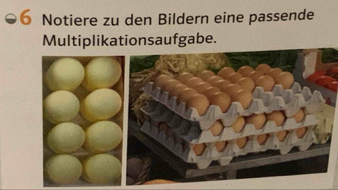 Notiere zu den Bildern eine passende 
Multiplikationsaufgabe.