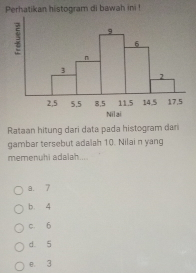 Perhatikan histogram di bawah ini !
Rataan hitung dari data pada histogram dari
gambar tersebut adalah 10. Nilai n yang
memenuhi adalah....
a. 7
b. 4
c. 6
d. 5
e. 3