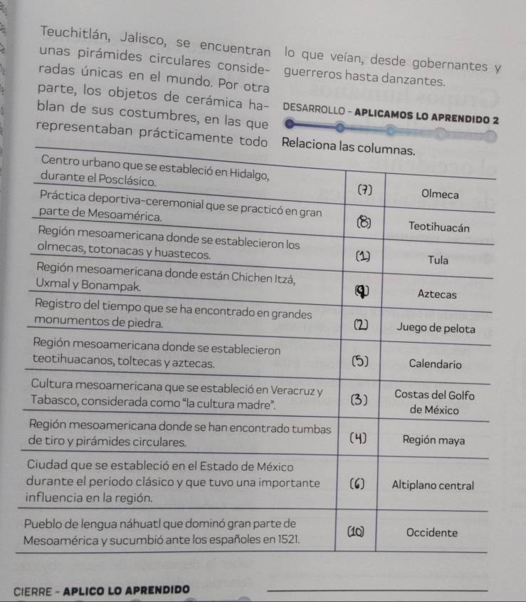 Teuchitlán, Jalisco, se encuentran lo que veían, desde gobernantes y 
unas pirámides circulares conside- guerreros hasta danzantes. 
radas únicas en el mundo. Por otra 
parte, los objetos de cerámica ha- desArrollo - Aplicamos lo APREnDido 2 
blan de sus costumbres, en las que 
representaban práctic 
CIERRE - APLICO LO APRENDIDO_