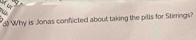 Áu 
wi 
) Why is Jonas conflicted about taking the pills for Stirrings?