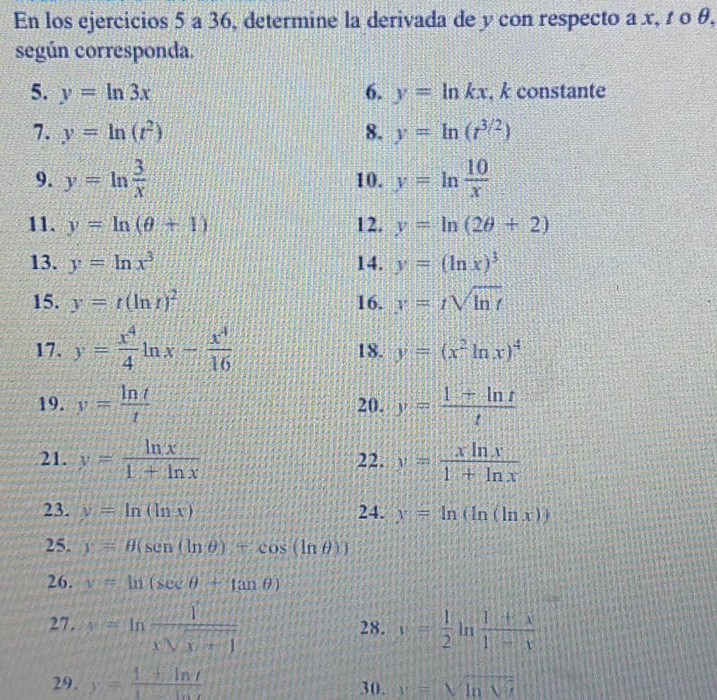 En los ejercicios 5 a 36, determine la derivada de y con respecto a x, ± ο θ, 
según corresponda. 
5. y=ln 3x 6. y=ln kx , k constante 
7. y=ln (t^2) 8. y=ln (r^(3/2))
9. y=ln  3/x  10. y=ln  10/x 
11. y=ln (θ +1) 12. y=ln (2θ +2)
13. y=ln x^3 14. y=(ln x)^3
15. y=t(ln t)^2 16. x=isqrt(ln t)
17. y= x^4/4 ln x- x^4/16  18. y=(x^2ln x)^4
19. v= ln t/t  20. y= (1+ln t)/t 
21. y= ln x/1+ln x  22. y= xln x/1+ln x 
23. y=ln (ln x) 24. y=ln (ln (ln x))
25. y=θ (sen (ln θ )+cos (ln θ ))
26. y=ln (sec θ +tan θ )
27. y=ln  1/xsqrt(x+4)  28. v= 1/2  ln  (1+x)/1-x 
29. y= (1+ln t)/1-ln t  30. y=sqrt(ln sqrt t)