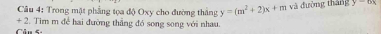 Trong mặt phẳng tọa độ Oxy cho đường thắng y=(m^2+2)x+m và đường tháng y=6x
+ 2. Tìm m để hai đường thẳng đó song song với nhau.
Câu S: