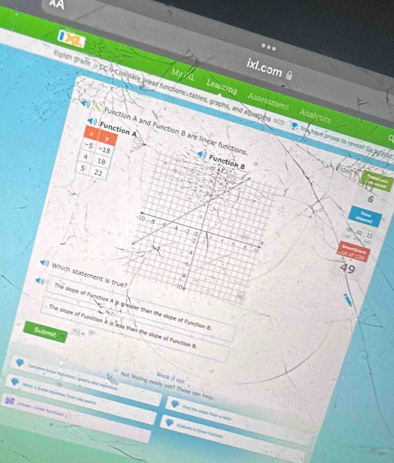 AA
Da
..
ixl.com
My Learning Assessment
ghth grade CC.9 Compare lnear functions: tables, graphs, and equations N You have prizes to reveal! Go to 
Analyucs
Functi
Function A and Fu
y
~5 -18
4
18
5
22
6
a
Z1
49
() Which statement is tru
The slope of Function A is ater than the slope of Function B
The slope of Function A is less than the slope of Function B
Submit
Wark it out
4
Not feeling reaidy yet? These can help
Campars tnuar épictore gópts and eqlaton Tng ợọ chpe frn à tabe
a Brindr apunatisan foent tas pusorcs Eualade a toeur fisión