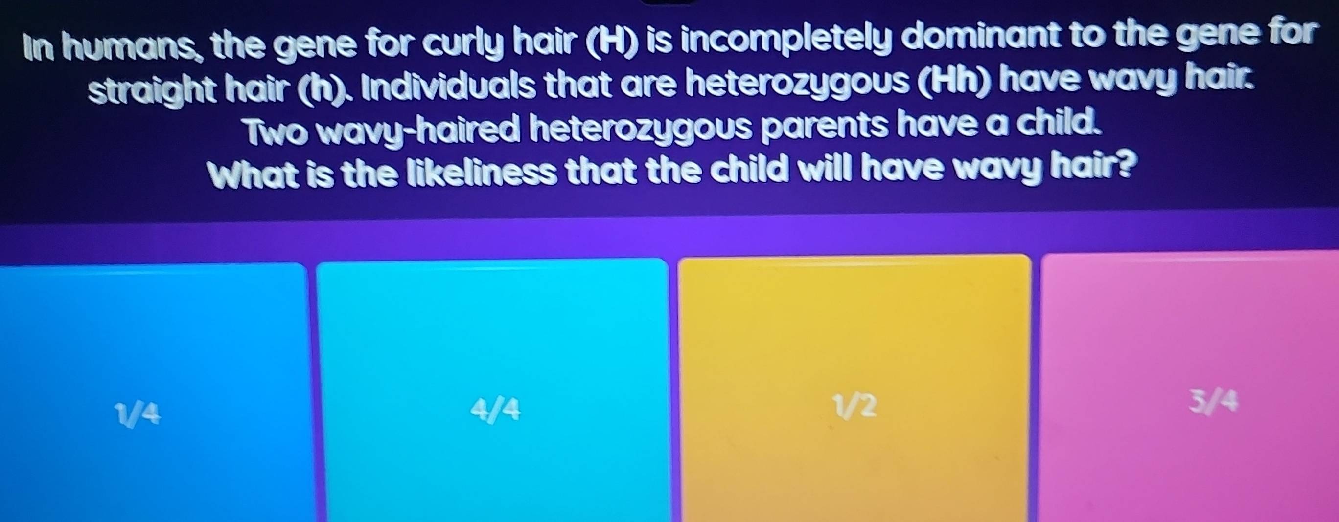 In humans, the gene for curly hair (H) is incompletely dominant to the gene for
straight hair (h). Individuals that are heterozygous (Hh) have wavy hair.
Two wavy-haired heterozygous parents have a child.
What is the likeliness that the child will have wavy hair?
1/4 4/4 1/2 3/4