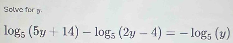 Solve for y.
log _5(5y+14)-log _5(2y-4)=-log _5(y)