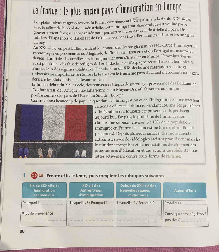 La France : le plus ancien pays d'immigration en Europe
Les phénomènes migratoires vers la France commencent il y a 150 ans, à la fin du XIXé siècle,
avec le début de la révolution industrielle. Cette immigration économique est voulue par le
gouvernement français et organisée pour permettre la croissance industrielle du pays. Des
milliers d’Espagnols, d’Italiens et de Polonais viennent travailler dans les usines et les minières
du pays.
Au XX^e siècle, en particulier pendant les années des Trente glorieuses (1945-1975), l’immigration
économique en provenance du Maghreb, de l’Italie, de l’Espagne et du Portugal est massive et
devient familiale : les familles des immigrés viennent s’installer en France. L’immigration est
aussi politique : des flux de refugiés de l’ex-Indochine et d’Espagne reconstruisent leurs vies en
France, loin des régimes totalitaires. Depuis la fin du XX° siècle, une migration scolaire et
universitaire importante se réalise : la France est le troisième pays d'accueil d'étudiants étrangers,
derrière les États-Unis et le Royaume-Uni.
Enfin, au début du XXI* siècle, des nouveaux réfugiés de guerre (en provenance des Balkans, de
l’Afghanistan, de l’Afrique Sub-saharienne et du Moyen-Orient) s’ajoutent aux migrants
professionnels des pays de l’Est et du Sud de l’Europe.
Comme dans beaucoup de pays, la question de l’immigration et de l’intégration est une question
ationale délicate et difficile. Pendant 150 ans, les problèmes
'intégration ont toujours été présents et ils persistent
ujourd’hui. De plus, le problème de l'immigration
landestine se pose : environ 6 à 10% de la population
mmigrée en France est clandestine (un demi-million de
ersonnes). Depuis plusieurs années, des mouvements
xtrémistes avec des idéologies racistes grandissent mais les
nstitutions françaises et les associations développent des
rogrammes d'éducation et des actions de solidarité pour
utter activement contre toute forme de racisme.
1 》 026 Écoute et lis le texte, puis complète les rubriques suivantes.
Fin du XIX° siècle : XX° siècle : Début du XXI° siècle :
Immigration Autres types Nouvelles vagues Aujourd‘hui :
économique d’immigration migratoires
Pourquoi ? _Lesquelles ? / Pourquoi ? Lesquelles ? / Pourquoi ?  Problèmes :_
_
__
_
Pays de provenance : __Conséquences (négatives /
__
_
positives)_
80