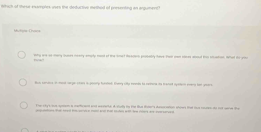 Solved: Which of these examples uses the deductive method of presenting ...