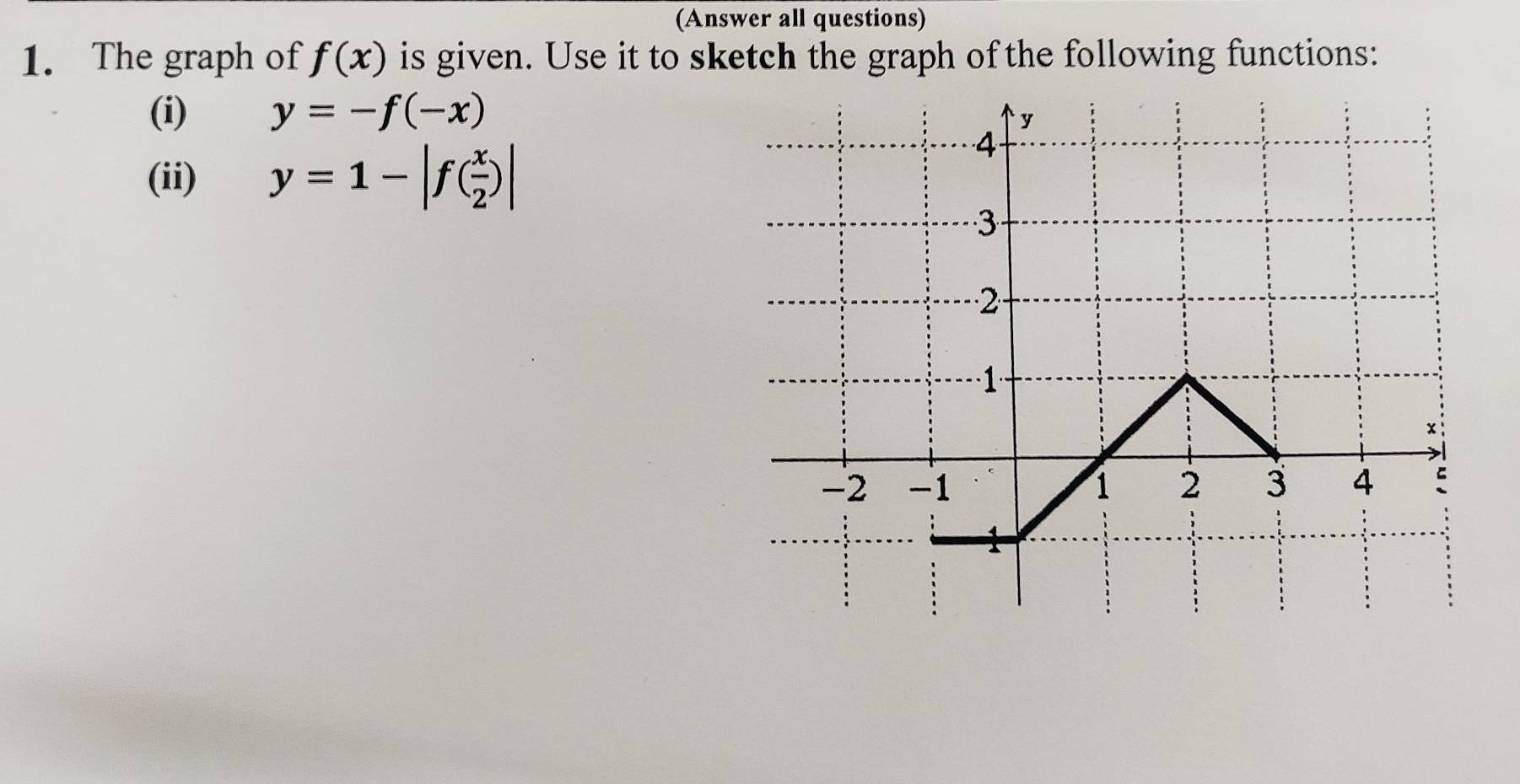 (Answer all questions) 
1. The graph of f(x) is given. Use it to sketch the graph of the following functions: 
(i) y=-f(-x)
(ii) y=1-|f( x/2 )|