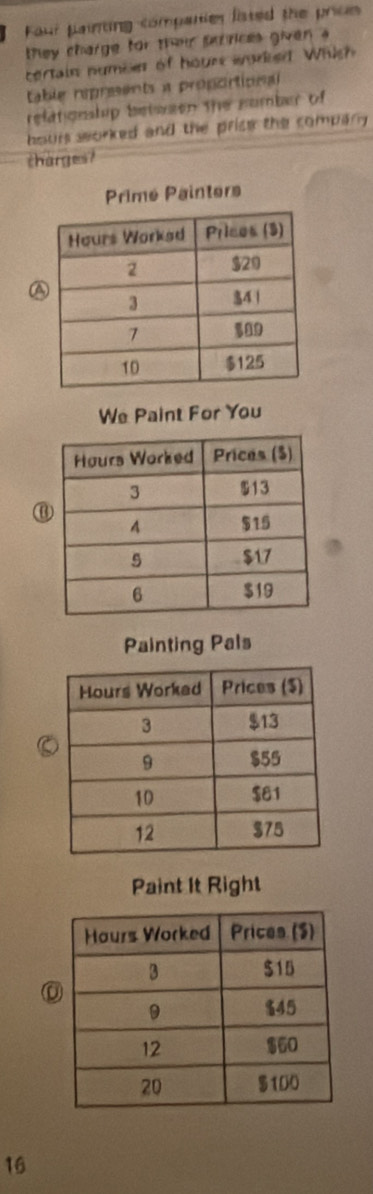 Faur painting companies listed the prios
they charge for their purrices given a
certain number of hour wored. Which
table repreents a proportional
refat onslup between the nomber of
hours sorked and the prise the compary .
charges?
rs
A
We Paint For You
⑪
Painting Pals
Paint It Right
0
16