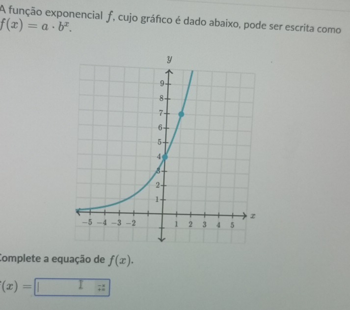 A função exponencial f, cujo gráfco é dado abaixo, pode ser escrita como
f(x)=a· b^x. 
Complete a equação de f(x).
(x)=
beginarrayr -x +xendarray