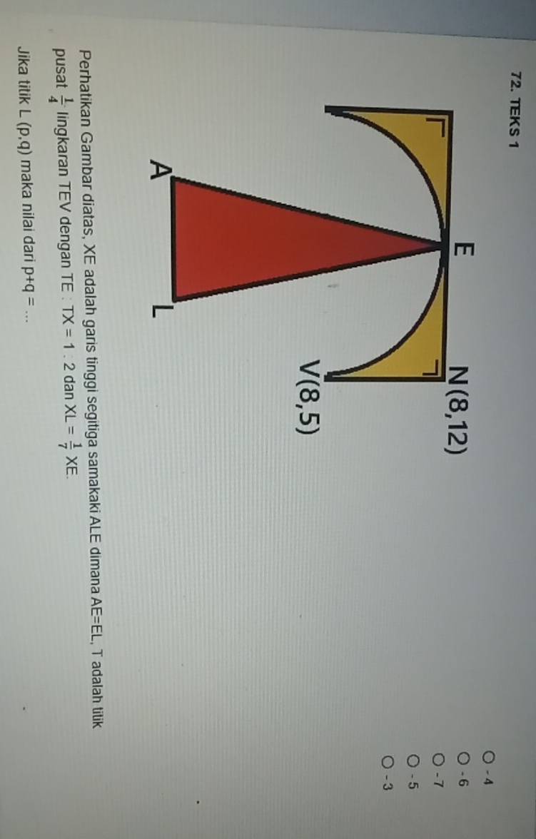 TEKS 1
- 4
-6
-7
- 5
- 3
Perhatikan Gambar diatas, XE adalah garis tinggi segitiga samakaki ALE dimana AE=EL , T adalah titik
pusat  1/4  lingkaran TEV dengan TE : TX=1.2 dan XL= 1/7 XE.
Jika titik L(p,q) maka nilai dari p+q= _