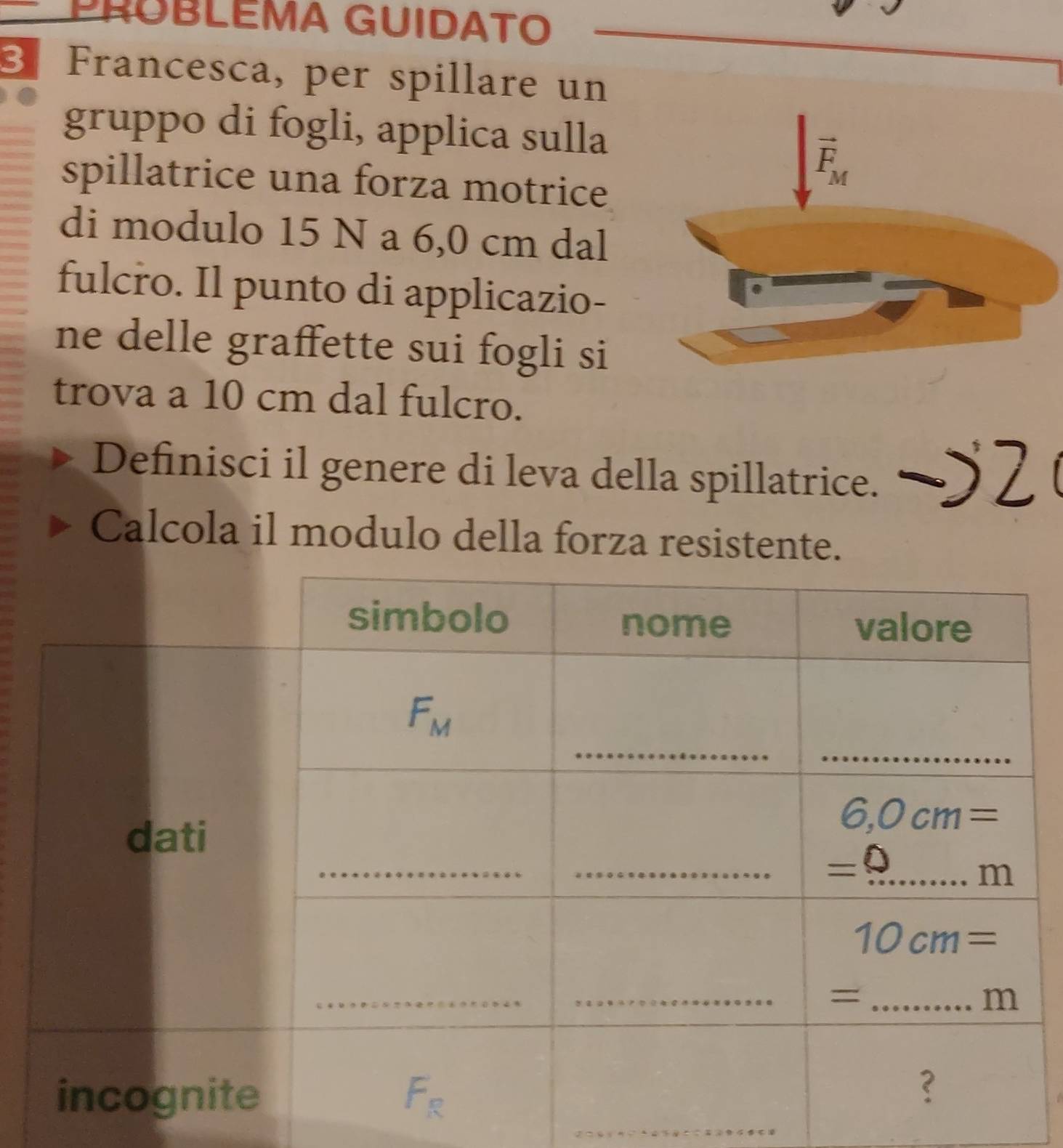 PRÜBLEMA GUIDATO
3 Francesca, per spillare un
gruppo di fogli, applica sulla
spillatrice una forza motrice
di modulo 15 N a 6,0 cm dal
fulcro. Il punto di applicazio-
ne delle graffette sui fogli si
trova a 10 cm dal fulcro.
Definisci il genere di leva della spillatrice.
Calcola il modulo della forza resistente.
__