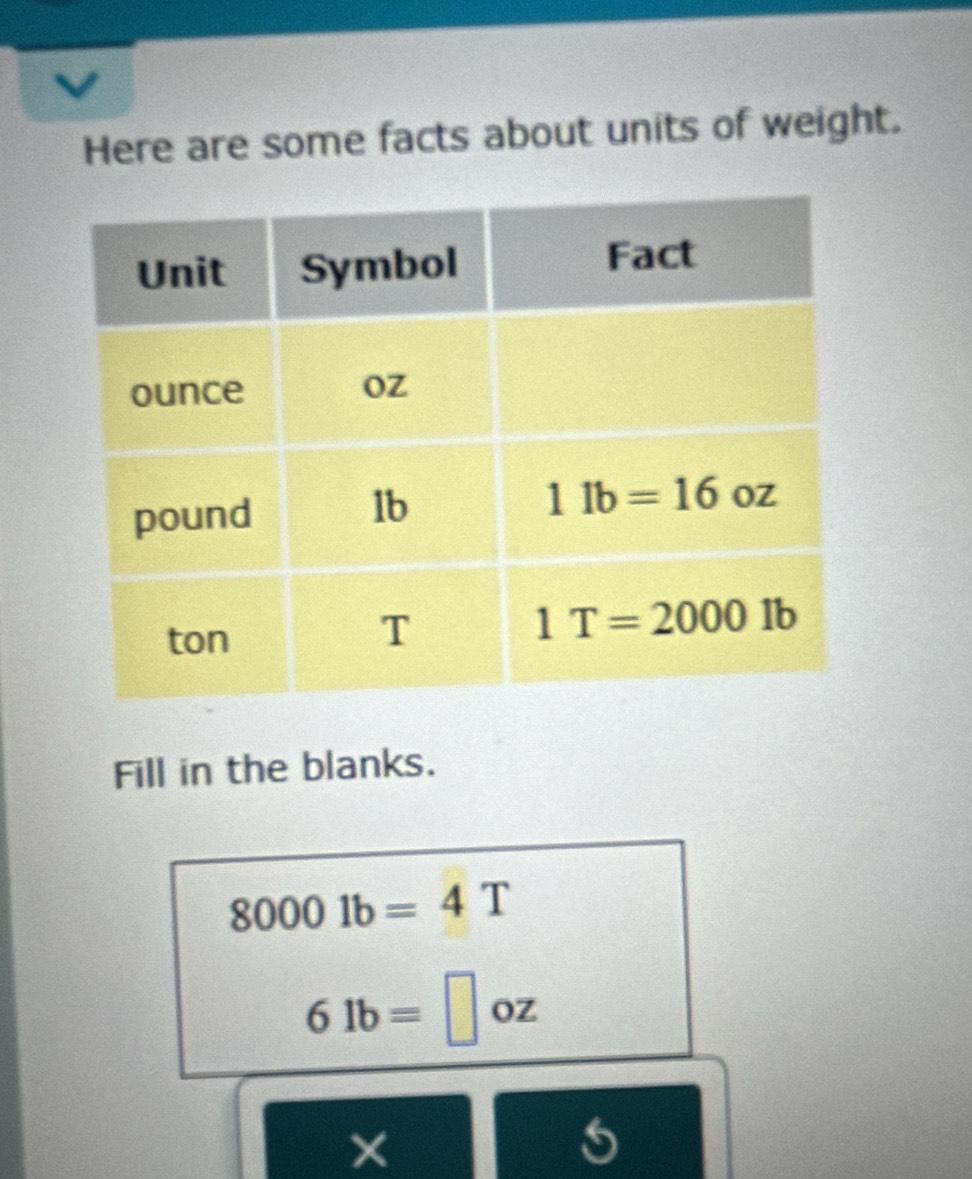 Here are some facts about units of weight.
Fill in the blanks.
80001b=4T
61b=□ O2
5