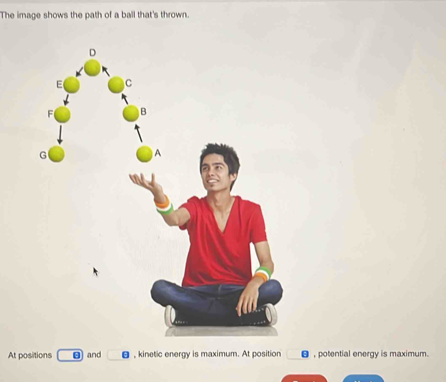 The image shows the path of a ball that's thrown. At positions and ...