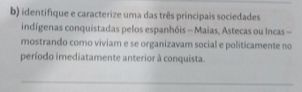 identifique e caracterize uma das três principais sociedades 
indígenas conquistadas pelos espanhóis - Maias, Astecas ou Incas — 
mostrando como viviam e se organizavam social e politicamente no 
período imediatamente anterior à conquista. 
_