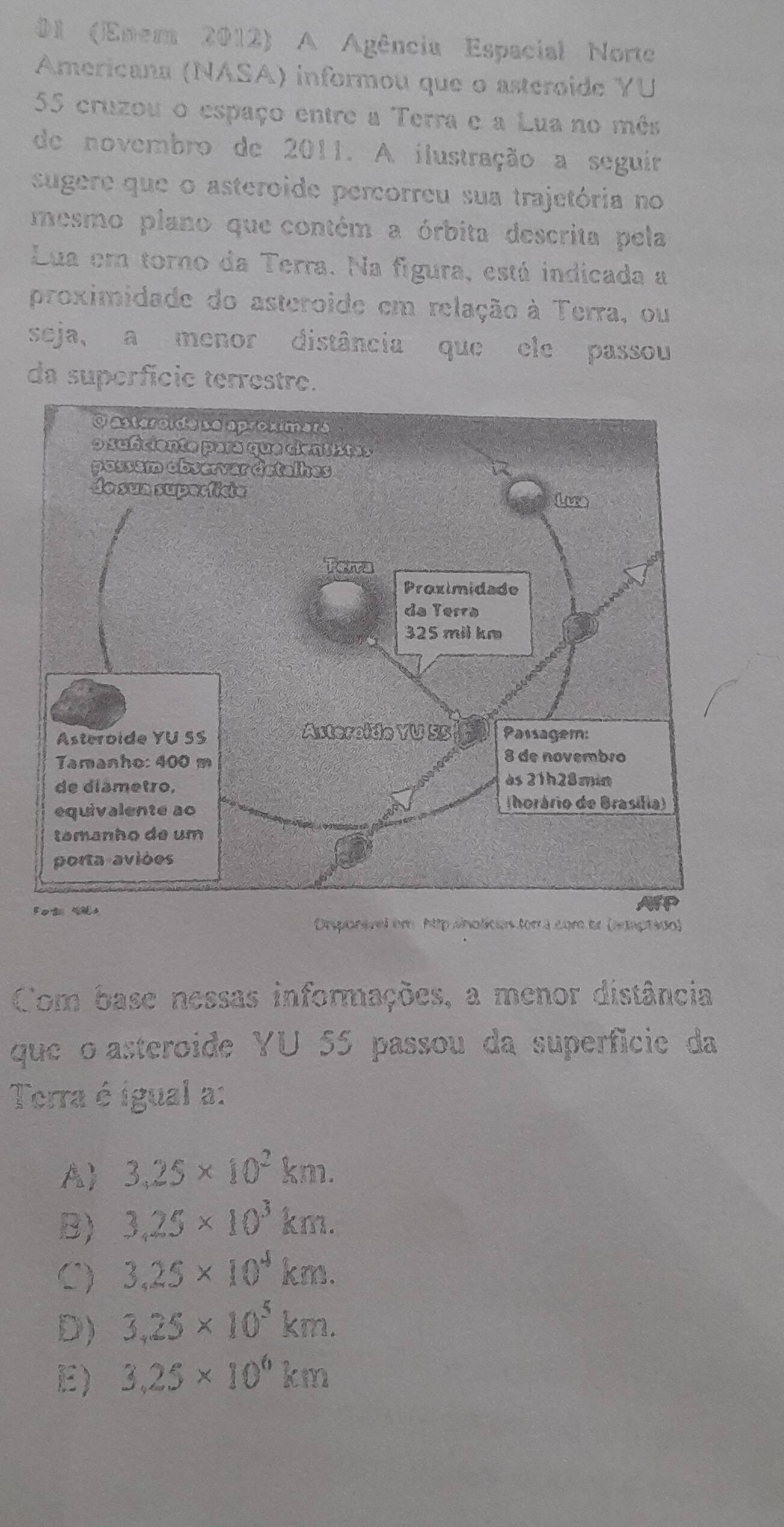 01 (Ener 2012) A Agência Espacial Norte
Americana (NASA) informou que o asteroide YU
55 cruzou o espaço entre a Terra e a Lua no mês
de novembro de 2011. A ilustração a seguir
sugere que o asteroide percorreu sua trajetória no
mesmo plano que contém a órbita descrita pela
Lua em torno da Terra. Na figura, está indicada a
proximidade do asteroide em relação à Terra, ou
seja, a menor distância que ele passou
da superfícic terrestre.
Disponável em http snolícias forra com tr (ammptado)
Com base nessas informações, a menor distância
queço asteroide YU 55 passou da superfície da
Terra é igual a:
A 3,25* 10^2km.
B) 3.25* 10^3km.
3,25* 10^4km.
D) 3.25* 10^5km.
E) 3.25* 10^6km