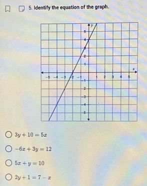 Identify the equation of the graph.
3y+10=5x
-6x+3y=12
5x+y=10
2y+1=7-x