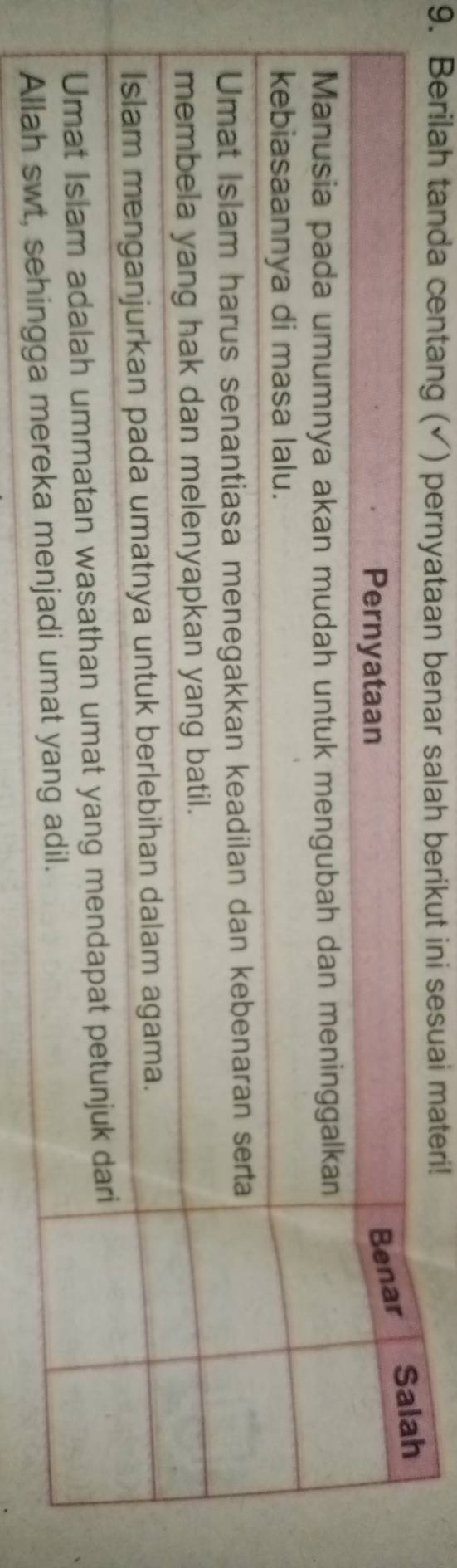 Berilah tanda centang (✓) pernyataan benar salah berikut ini sesuai materi!