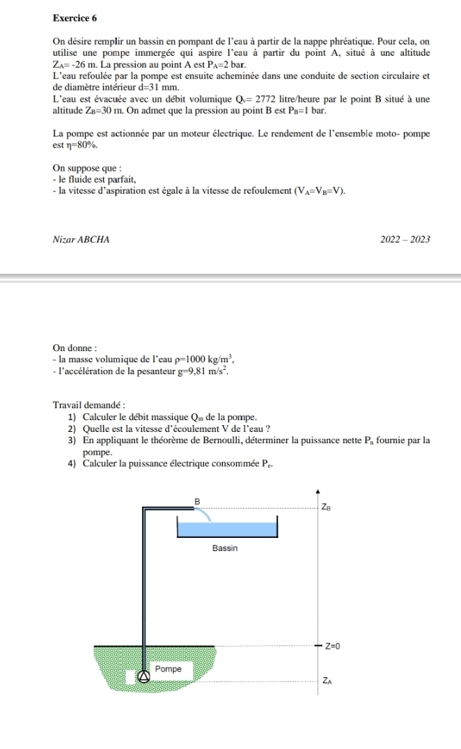 On désire remplir un bassin en pompant de l’eau à partir de la nappe phréatique. Pour cela, on 
utilise une pompe immergée qui aspire l'eau à partir du point A, situé à une altitude
Z_A=-26m. La pression au point A est P_A=2bar. 
L'eau refoulée par la pompe est ensuite acheminée dans une conduite de section circulaire et 
de diamètre intérieur d=31mm
L'eau est évacuée avec un débit volumique Q_v=2772 litre/heure par le point B situé à une 
altitude Z_B=30 rm. On admet que la pression au point B est P_B=1bar. 
La pompe est actionnée par un moteur électrique. Le rendement de l'ensemble moto- pompe 
est eta =80%. 
On suppose que : 
- le fluide est parfait, 
- la vitesse d’aspiration est égale à la vitesse de refoulement (V_A=V_B=V). 
Nizar ABCHA
2022-2023 
On donne : 
- la masse volumique de l'eau rho =1000kg/m^3, 
- l'accélération de la pesanteur g=9,81m/s^2. 
Travail demandé : 
1) Calculer le débit massique Q_m de la pompe. 
2) Quelle est la vitesse d’écoulement V de l’eau ? 
3) En appliquant le théorème de Bernoulli, déterminer la puissance nette P_n fournie par la 
pompe. 
4) Calculer la puissance électrique consommée P_c. 
B 
Zв 
Bassin
Z=0
Pompe
Z_A