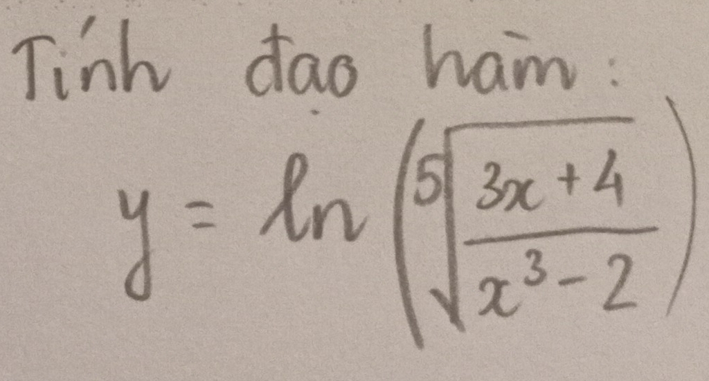 Tinh dao ham :
y=ln (sqrt[5](frac 3x+4)x^3-2)