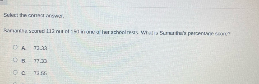 Select the correct answer.
Samantha scored 113 out of 150 in one of her school tests. What is Samantha's percentage score?
A. 73.33
B. 77.33
C. 73.55