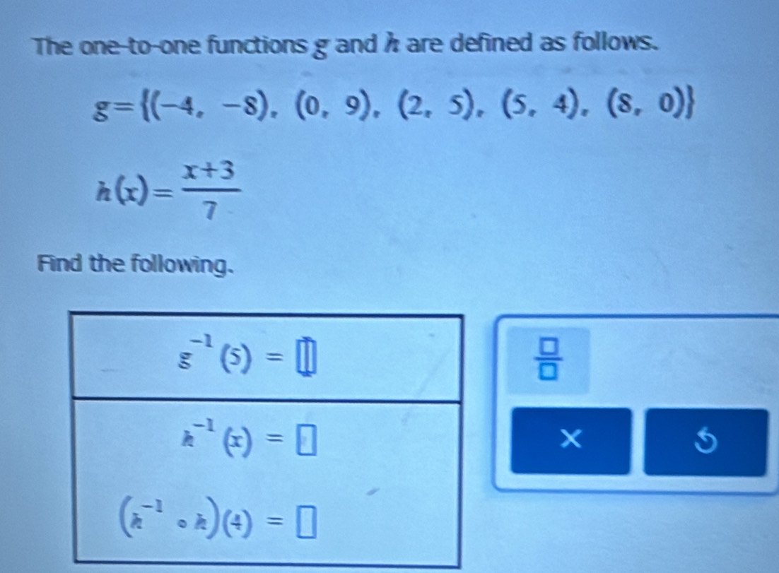 The one-to-one functions g and h are defined as follows.
g= (-4,-8),(0,9),(2,5),(5,4),(8,0)
h(x)= (x+3)/7 
Find the following.
 □ /□  