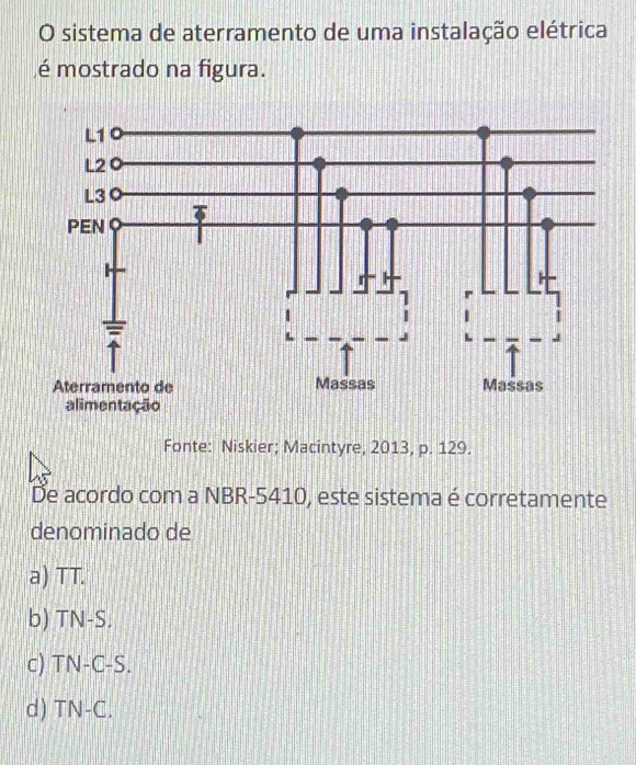 sistema de aterramento de uma instalação elétrica
é mostrado na figura.
Fonte: Niskier; Macintyre, 2013, p. 129.
De acordo com a NBR- 5410, este sistema é corretamente
denominado de
a) TT.
b) TN-S.
c) TN-C-S.
d) TN-C.