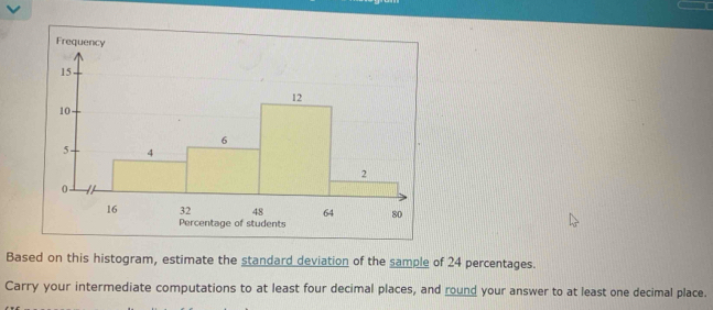 Based on this histogram, estimate the standard deviation of the sample of 24 percentages. 
Carry your intermediate computations to at least four decimal places, and round your answer to at least one decimal place.