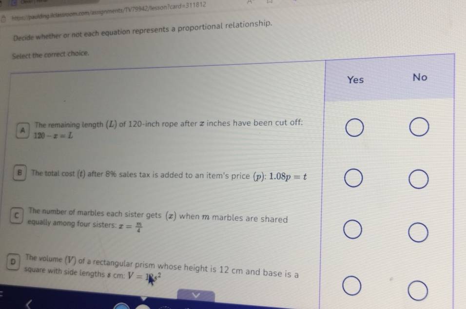 =31181 2
Decide whether or not each equation represents a proportional relationship.
S
D