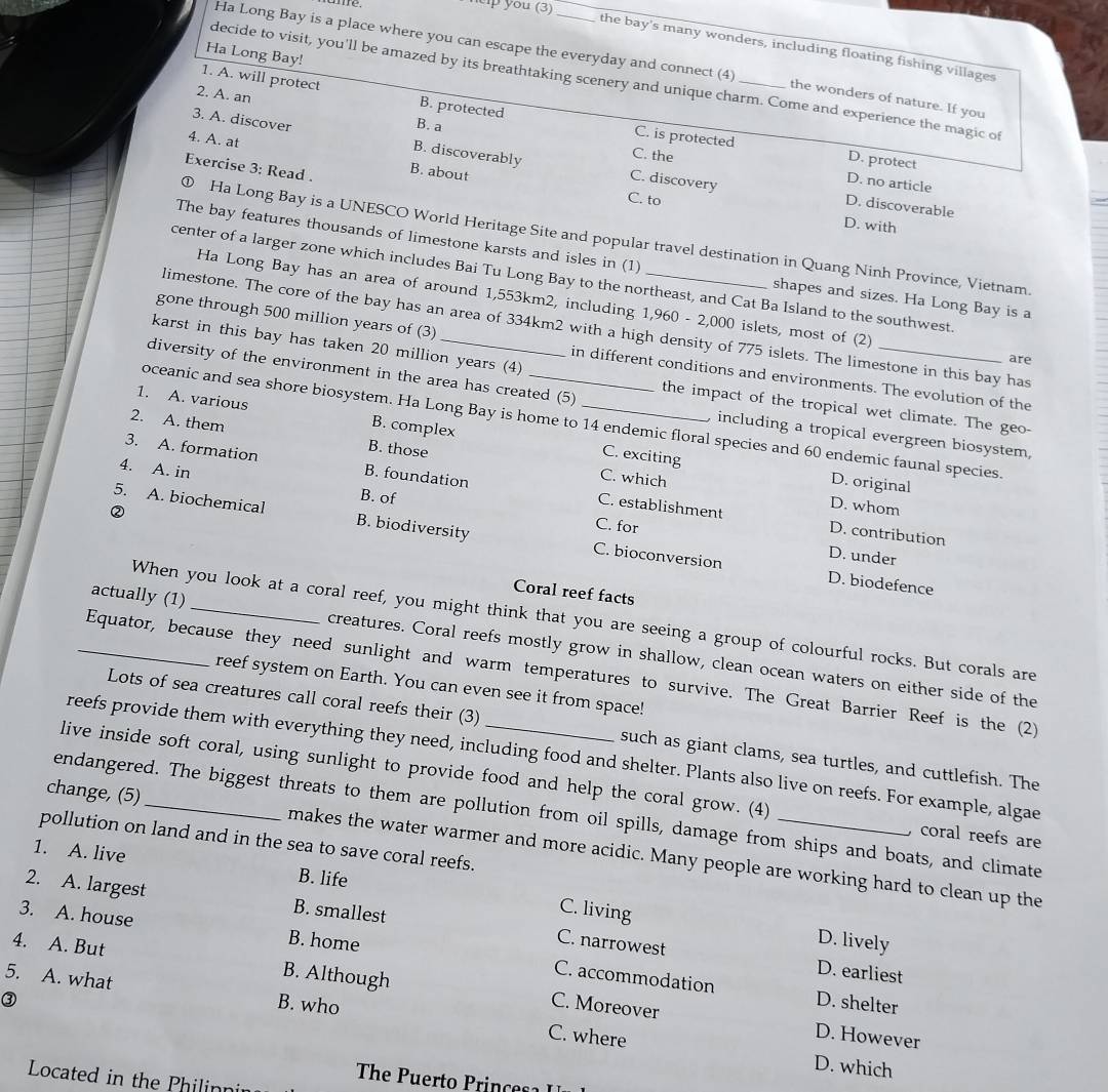 mre. htp you (3)
the bay's many wonders, including floating fishing villages
Ha Long Bay!
Ha Long Bay is a place where you can escape the everyday and connect (4) the wonders of nature. If you
decide to visit, you'll be amazed by its breathtaking scenery and unique charm. Come and experience the magic of
1. A. will protect B. protected
2. A. an
3. A. discover B. discoverably
4. A. at
B. a C. the
C. is protected D. protect
Exercise 3: Read .
B. about
D. no article
C. discovery D. discoverable
C. to
D. with
① Ha Long Bay is a UNESCO World Heritage Site and popular travel destination in Quang Ninh Province, Vietnam.
The bay features thousands of limestone karsts and isles in (1) shapes and sizes. Ha Long Bay is a
center of a larger zone which includes Bai Tu Long Bay to the northeast, and Cat Ba Island to the southwest
Ha Long Bay has an area of around 1,553km2, including 1,960 - 2,000 islets, most of (2)
limestone. The core of the bay has an area of 334km2 with a high density of 775 islets. The limestone in this bay has
karst in this bay has taken 20 million years (4)
gone through 500 million years of (3) in different conditions and environments. The evolution of the
are
diversity of the environment in the area has created (5) the impact of the tropical wet climate. The geo-
oceanic and sea shore biosystem. Ha Long Bay is home to 14 endemic floral species and 60 endemic faunal species.
1. A. various B. complex _C. exciting
including a tropical evergreen biosystem,
2. A. them B. those C. which
4. A. in
3. A. formation B. foundation C. establishment D. whom
D. original
B. of
②
C. for
5. A. biochemical B. biodiversity C. bioconversion
D. contribution
D. under
D. biodefence
Coral reef facts
When you look at a coral reef, you might think that you are seeing a group of colourful rocks. But corals are
actually (1) _creatures. Coral reefs mostly grow in shallow, clean ocean waters on either side of the
_Equator, because they need sunlight and warm temperatures to survive. The Great Barrier Reef is the (2)
reef system on Earth. You can even see it from space!
Lots of sea creatures call coral reefs their (3) such as giant clams, sea turtles, and cuttlefish. The
reefs provide them with everything they need, including food and shelter. Plants also live on reefs. For example, algae
live inside soft coral, using sunlight to provide food and help the coral grow. (4) , coral reefs are
endangered. The biggest threats to them are pollution from oil spills, damage from ships and boats, and climate
pollution on land and in the sea to save coral reefs.
change, (5)_ makes the water warmer and more acidic. Many people are working hard to clean up the
1. A. live
B. life
C. living
2. A. largest B. smallest C. narrowest
D. lively
3. A. house B. home C. accommodation
D. earliest
4. A. But B. Although C. Moreover
③ D. shelter
5. A. what B. who C. where
D. However
D. which
Located in the Philinni
The   u rt   i c s