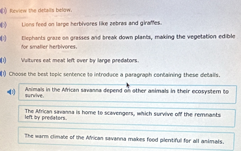 Review the details below.
Lions feed on large herbivores like zebras and giraffes.
1 Elephants graze on grasses and break down plants, making the vegetation edible
for smaller herbivores.
Vultures eat meat left over by large predators.
Choose the best topic sentence to introduce a paragraph containing these details.
Animals in the African savanna depend on other animals in their ecosystem to
survive.
The African savanna is home to scavengers, which survive off the remnants
left by predators.
The warm climate of the African savanna makes food plentiful for all animals.