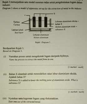 industri. Rajah 3 memunjukkan satu model susunan radas untuk pengekstrakan logam dalam 
Diagram 3 shows a model of apparatus set-up for the extraction of metal in the industry. 
Berdasarkan Rajah 3. Based on Diogram 3. 
(i) Namakan proses untuk mengekstrak logam daripada bijähnya. 
Name the process to extract the metal from its are. 
_ 
[I morkak murk] 
(ii) Bahan X ditambah untuk merendahkan takat lebur aluminium oksida. 
Apakah bahan X?! 
substance X Substance X is added to lower the melting point of aluminium axide. What is 
_ 
[] monkal /mant 
(iii) Nyatakan satu kegunaan logam yang dickserakkan. 
Stase one use of the extructed metal.