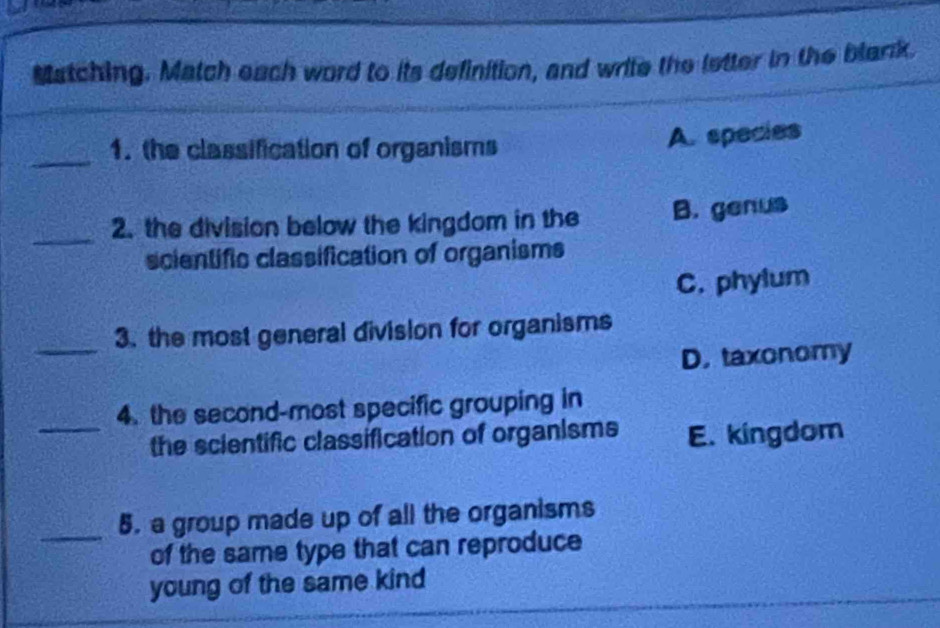 Matching. Match each word to its definition, and write the letter in the blank.
_
1. the classification of organisms
A. species
_
2. the division below the kingdom in the B. genus
scientific classification of organisms
C. phylum
_3. the most general division for organisms
D. taxonomy
4. the second-most specific grouping in
_the scientific classification of organisms E. kingdom
_
5. a group made up of all the organisms
of the same type that can reproduce
young of the same kind