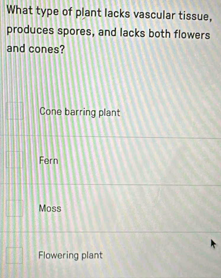 What type of plant lacks vascular tissue,
produces spores, and lacks both flowers
and cones?
Cone barring plant
Fern
Moss
Flowering plant