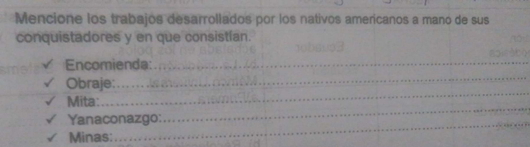 Mencione los trabajos desarrollados por los nativos americanos a mano de sus 
conquistadores y en que consistían. 
Encomienda:_ 
_ 
Obraje: 
_ 
_ 
Mita: 
_ 
Yanaconazgo: 
Minas: