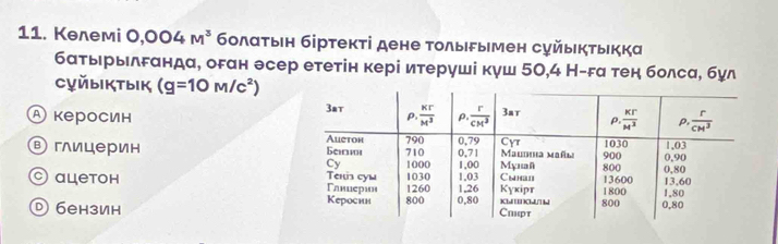 Kəлемi 0,004M^3 бοлατьен біртекті дене Τолыδымен суйыкτькка
баτьрылδαнда, оδан θсер ететін кері итеруші куш 50,4 Н-га тен болса, бул
Cỵйыiктык (g=10M/c^2)
A керосин
Ⓑ глицерин
© aцетоh
бензин