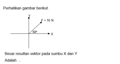 Perhatikan gambar berikut.
Besar resultan vektor pada sumbu X dan Y
Adalah ...