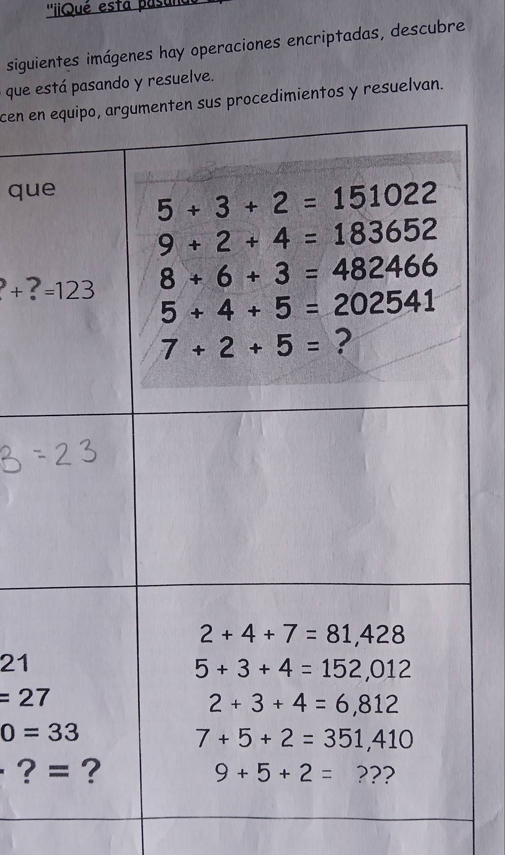 ''iiQué esta pasun
siguientes imágenes hay operaciones encriptadas, descubre
que está pasando y resuelve.
cen erocedimientos y resuelvan.
qu
21
=27
?