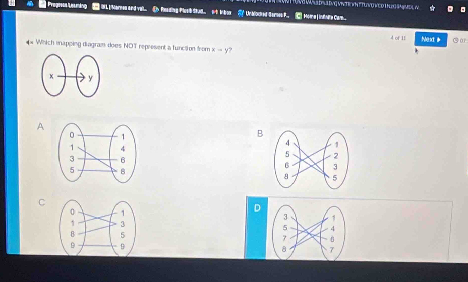 TNTIUV3V 3D3D/QVNTRVNTTUVOVC01N2G0NMOLW 
Progress Leaming IXL | Names and val.. ① Reading Plust Stud.. 1 Inbox Unblocked Games F.. C] Home | Infinite Cam.. 
4 of 11 Next▶ ⊙07 
* Which mapping diagram does NOT represent a function from xto y ? 
A 
B 
C 
D