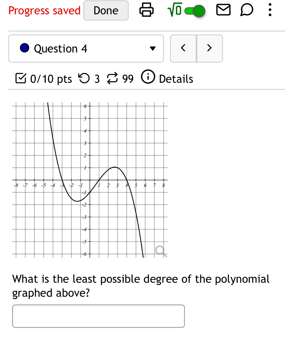 Progress saved Done sqrt(0) 
Question 4 < > 
0/10 pts > 3 % 99 i Details 
What is the least possible degree of the polynomial 
graphed above?