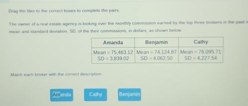 Drag the tiles to the correct boxes to complete the pairs
The owner of a real estate agency is looking over the monthly commission earned by the top three brokers in the past r
mean and standard deviation, SD, of the their commissions, in dollars, as shown below
Match each broker with the correct description
Amanda Cathy Benjamin