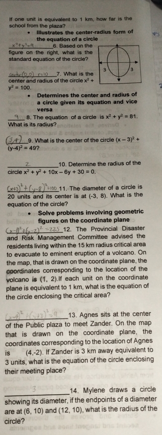 If one unit is equivalent to 1 km, how far is the 
school from the plaza? 
Illustrates the center-radius form of 
the equation of a circle 
_ 
6. Based on the 
figure on the right, what is the 
standard equation of the circle? 
_ 
7. What is the 
center and radius of the circle x^2+
y^2=100. 
Determines the center and radius of 
a circle given its equation and vice 
versa 
_8. The equation of a circle is x^2+y^2=81. 
What is its radius? 
_9. What is the center of the circle (x-3)^2+
(y-4)^2=49 ? 
_ 
10. Determine the radius of the 
circle x^2+y^2+10x-6y+30=0. 
11. The diameter of a circle is
20 units and its center is at (-3,8). What is the 
equation of the circle? 
Solve problems involving geometric 
figures on the coordinate plane 
_ 
12. The Provincial Disaster 
and Risk Management Committee advised the 
residents living within the 15 km radius critical area 
to evacuate to eminent eruption of a volcano. On 
the map, that is drawn on the coordinate plane, the 
coordinates corresponding to the location of the 
volcano is (1,2) If each unit on the coordinate 
plane is equivalent to 1 km, what is the equation of 
the circle enclosing the critical area? 
_ 
13. Agnes sits at the center 
of the Public plaza to meet Zander. On the map 
that is drawn on the coordinate plane, the 
coordinates corresponding to the location of Agnes 
is (4,-2). If Zander is 3 km away equivalent to
3 units, what is the equation of the circle enclosing 
their meeting place? 
_ 
14. Mylene draws a circle 
showing its diameter, if the endpoints of a diameter 
are at (6,10) and (12,10) , what is the radius of the 
circle?