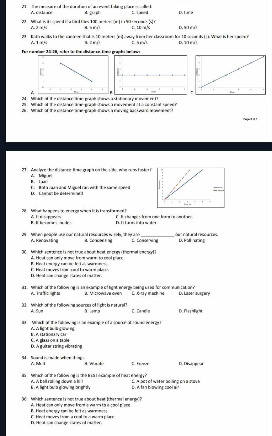 The measure of the duration of an event taking place is called:
A. distance B. graph C. speed D. time
22. What is its speed if a bird flies 100 meters (m) in 50 seconds (s)?
A. 2 m/s B. 5 m/s C. 10 m/s D. 50 m/s
23. Kath walks to the canteen that is 10 meters (m) away from her classroom for 10 seconds (s). What is her speed?
A. 1 m/s B. 2 m/s C. 5 m/s D. 10 m/s
For number 24-26, refer to the distance-time graphs below:
A.
24. Which of the distance time-graph shows a stationary movement?
25. Which of the distance time-graph shows a movement at a constant speed?
26. Which of the distance time-graph shows a moving backward movement?
Page 2 of 3
27. Analyze the distance-time graph on the side, who runs faster?
A. Miguel
B. Juan
C. Both Juan and Miguel ran with the same speed
D. Cannot be determined
28. What happens to energy when it is transformed?
A. It disappears. C. It changes from one form to another.
B. It becomes louder. D. It turns into water.
29. When people use our natural resources wisely, they are_ our natural resources.
A. Renovating B. Condensing C. Conserving D. Pollinating
30. Which sentence is not true about heat energy (thermal energy)?
A. Heat can only move from warm to cool place.
B. Heat energy can be felt as warmness.
C. Heat moves from cool to warm place.
D. Heat can change states of matter.
31. Which of the following is an example of light energy being used for communication?
A. Traffic lights B. Microwave oven C. X-ray machine D. Laser surgery
32. Which of the following sources of light is natural?
A. Sun B. Lamp C. Candle D. Flashlight
33. Which of the following is an example of a source of sound energy?
A. A light bulb glowing
B. A stationary car
C. A glass on a table
D. A guitar string vibrating
34. Sound is made when things:
A. Melt B. Vibrate C. Freeze D. Disappear
35. Which of the following is the BEST example of heat energy?
A. A ball rolling down a hill C. A pot of water boiling on a stove
B. A light bulb glowing brightly D. A fan blowing cool air
36. Which sentence is not true about heat (thermal energy)?
A. Heat can only move from a warm to a cool place.
B. Heat energy can be felt as warmness.
C. Heat moves from a cool to a warm place.
D. Heat can change states of matter.