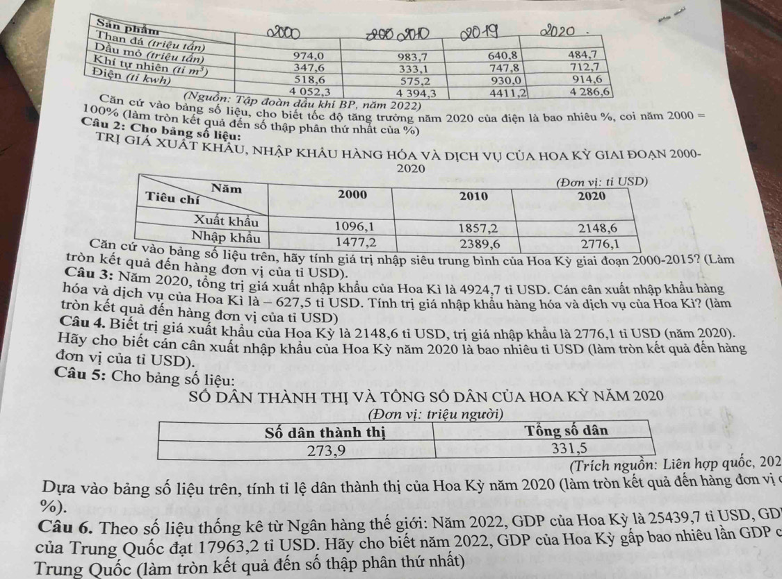 năm 2022)
bảng số liệu, cho biết tốc độ tăng trưởng năm 2020 của điện là bao nhiêu %, coi năm 2000=
100% (làm tròn kết quả đến số thập phân thứ nhất của %)
Câu 2: Cho bảng số liệu:
trị GiẢ XUẬt KhÂU, nhập khÂU hÀnG hóa vÀ dịCh vụ của hOA Kỳ giAI đOẠn 2000-
2020
ên, hãy tính giá trị nhập siêu trung bình của Hoa Kỳ giai đoạn 2000-2015? (Làm
tròn kết quả đến hàng đơn vị của tỉ USD).
Câu 3: Năm 2020, tổng trị giá xuất nhập khẩu của Hoa Kì là 4924,7 tỉ USD. Cán cân xuất nhập khẩu hàng
hóa và dịch vụ của Hoa Kỉ là − 627,5 tỉ USD. Tính trị giá nhập khẩu hàng hóa và dịch vụ của Hoa Kì? (làm
tròn kết quả đến hàng đơn vị của tỉ USD)
Câu 4. Biết trị giá xuất khẩu của Hoa Kỳ là 2148,6 tỉ USD, trị giá nhập khẩu là 2776,1 tỉ USD (năm 2020).
Hãy cho biết cản cân xuất nhập khẩu của Hoa Kỳ năm 2020 là bao nhiêu tỉ USD (làm tròn kết quả đến hàng
đơn vị của tỉ USD).
Câu 5: Cho bảng số liệu:
Số DÂN tHÀNh thị và tỒnG SÓ dân của hOa kỳ năm 2020
(Tríchhợp quốc, 202
Dựa vào bảng số liệu trên, tính tỉ lệ dân thành thị của Hoa Kỳ năm 2020 (làm tròn kết quả đến hàng đơn vị ở
%).
Câu 6. Theo số liệu thống kê từ Ngân hàng thế giới: Năm 2022, GDP của Hoa Kỳ là 25439,7 ti USD, GD
của Trung Quốc đạt 17963,2 tỉ USD. Hãy cho biết năm 2022, GDP của Hoa Kỳ gấp bao nhiêu lần GDP ở
Trung Quốc (làm tròn kết quả đến số thập phân thứ nhất)