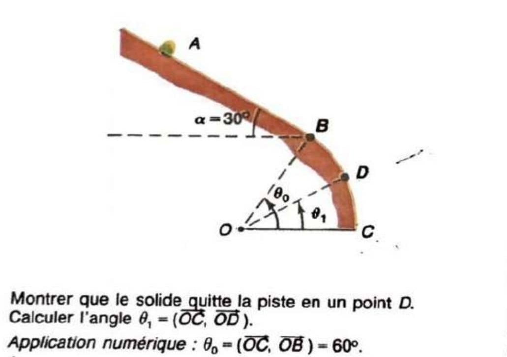 A
alpha =30°
B 
D
θ _1
C 
Montrer que le solide quitte la piste en un point D. 
Calculer l'angle θ _1=(vector OC,vector OD). 
Application numérique : θ _0=(vector OC,vector OB)=60°.