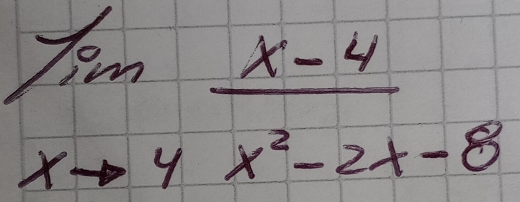 limlimits _xto 4 (x-4)/x^2-2x-8 