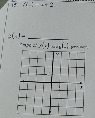 f(x)=x+2
g(x)= _ 
Graph of f(x) and g(x) (label each)