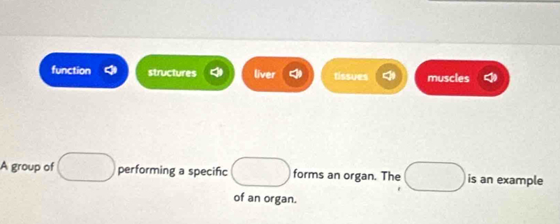 function structures liver tissues muscles
A group of performing a specifc forms an organ. The is an example
of an organ.